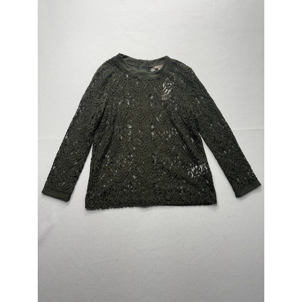 Banana Republic Blouse Womens Medium Green Lace Crew Neck Long Sleeve Sheer Top